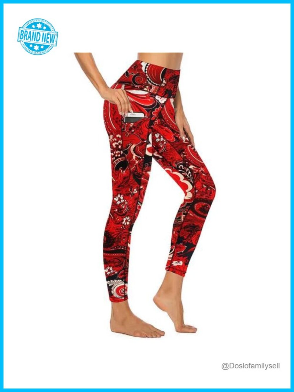 High Rise Printed Leggings with Pockets, 7/8 Length, Mid-Rise Waist, 100%